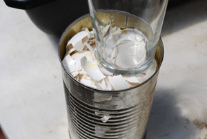 Crush Dried Eggshells Down into Can with the Bottom of a Glass or Jar